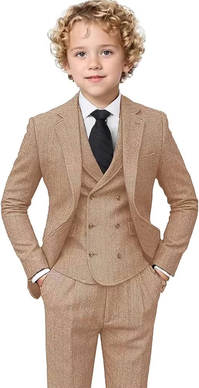 3 Pieces Boys' Suits Tuxedo Set Vintage Tweed Herringbone Jacket Vest Pants for Prom Wedding Party Birthday