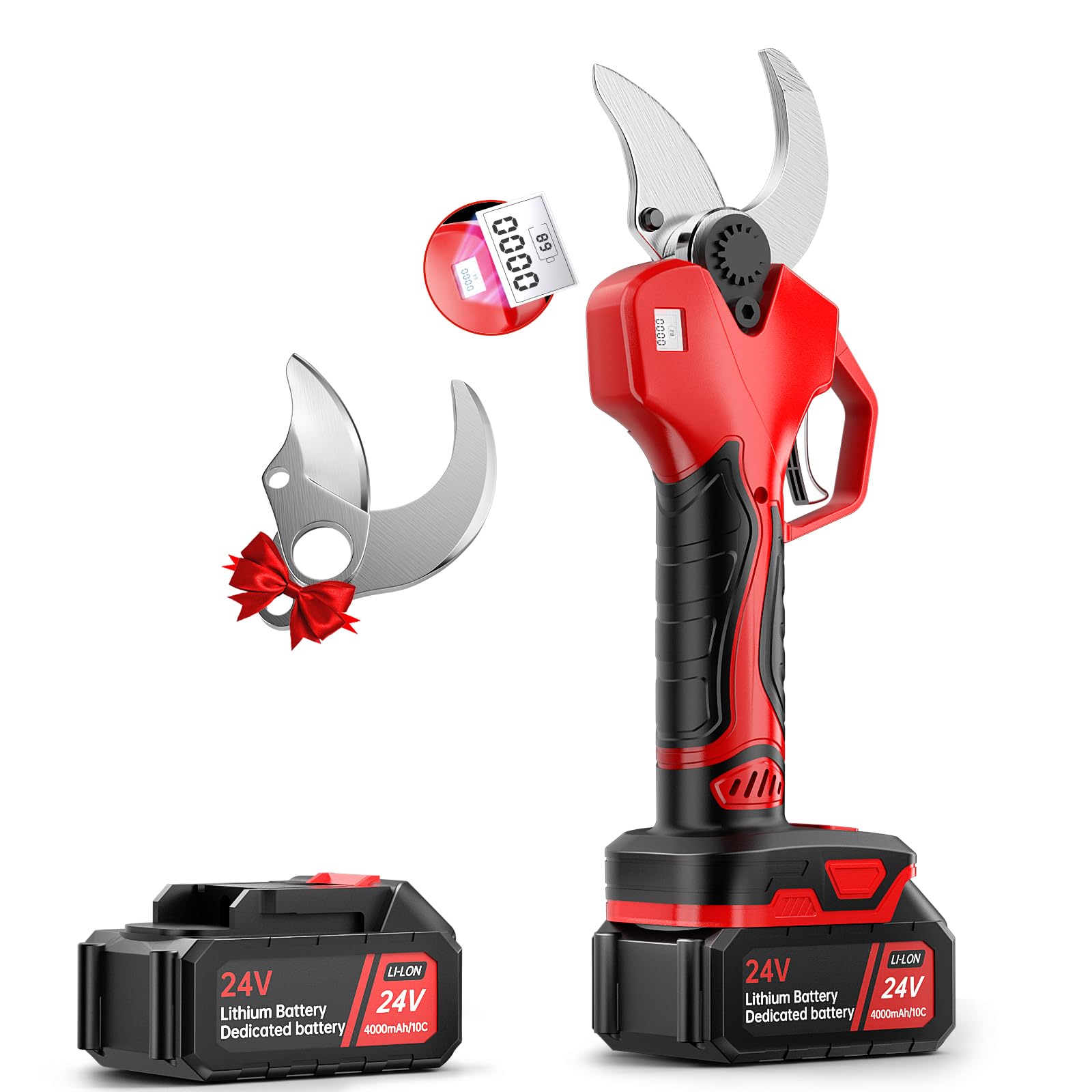 Dragro Professional Cordless Electric Pruning Shears, Cutting (40MM)1.6inch Diameter Professional Heavy Duty Garden Pruner,2pcs 4AH Rechargeable 24V Lithium Battery -2 Set Blades