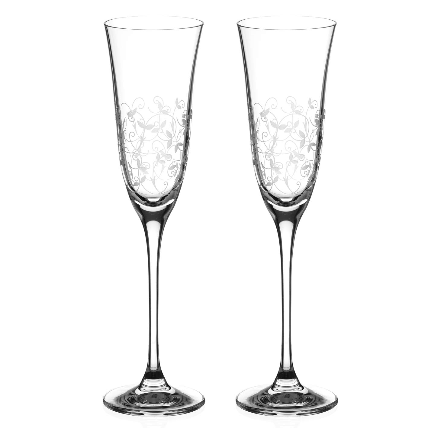 Lot De 4 Verres à Champagne En Cristal Gravé - Italie - Motif Fleurs Blanches - Piédestal