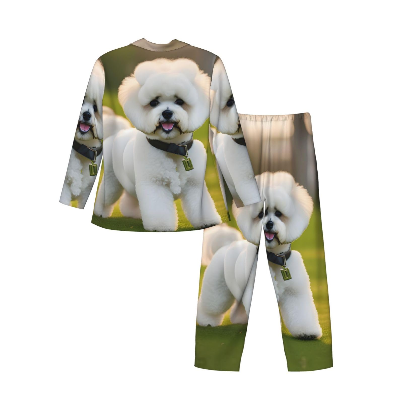 Bichon Frise pies na trawie nadruk męska piżama z długim rękawem zestaw bielizna nocna dwuczęściowy zestaw wypoczynkowy oddychająca bielizna nocna