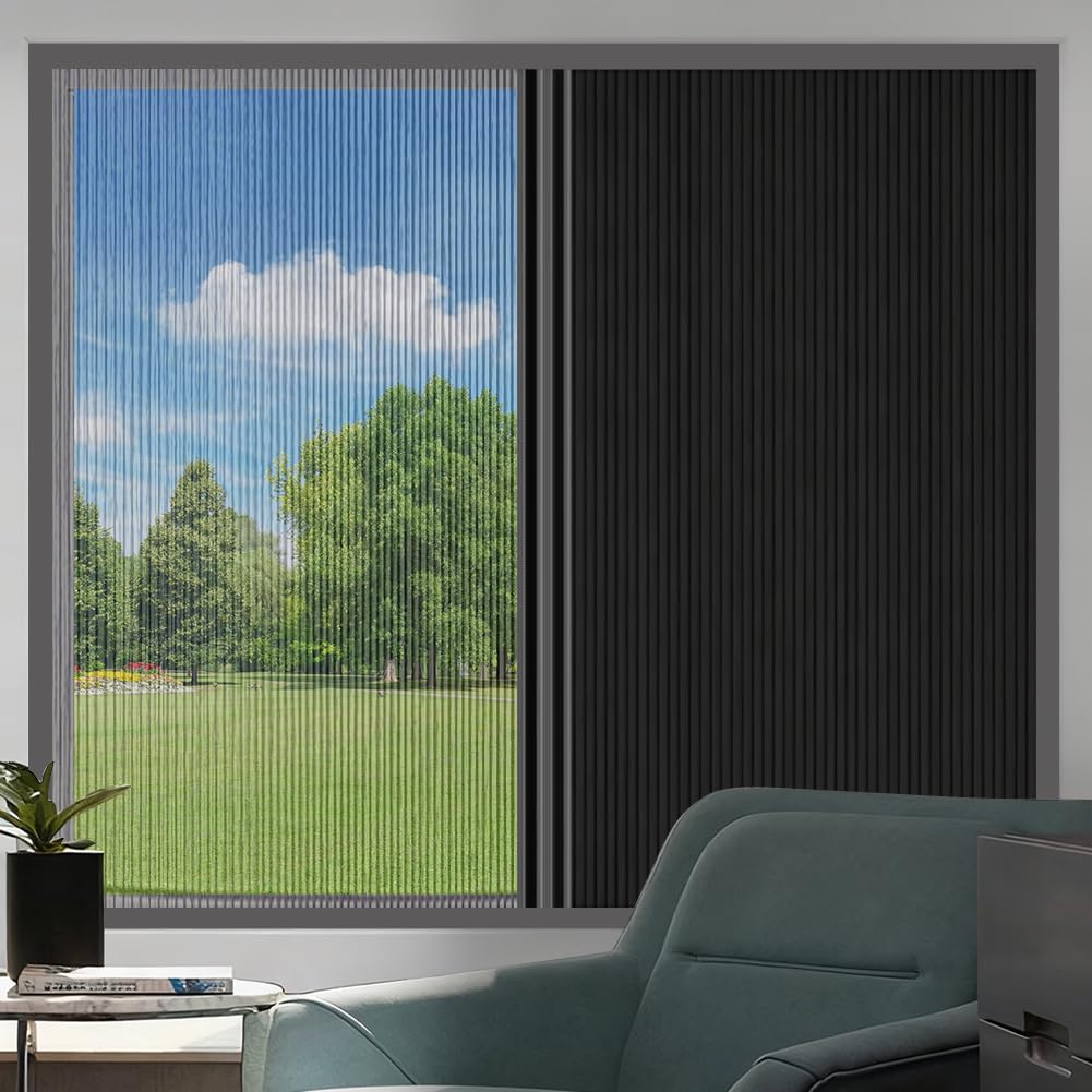 Tipiace Perspective Black + Blackout Black Day Night Cellular Shades Cordless Honeycomb Blinds For Windows, Mosquito Repellent Function Light Blocking Avoid Heat Thermal Insulated Room Darkening Shade (Perspective Black + Black)