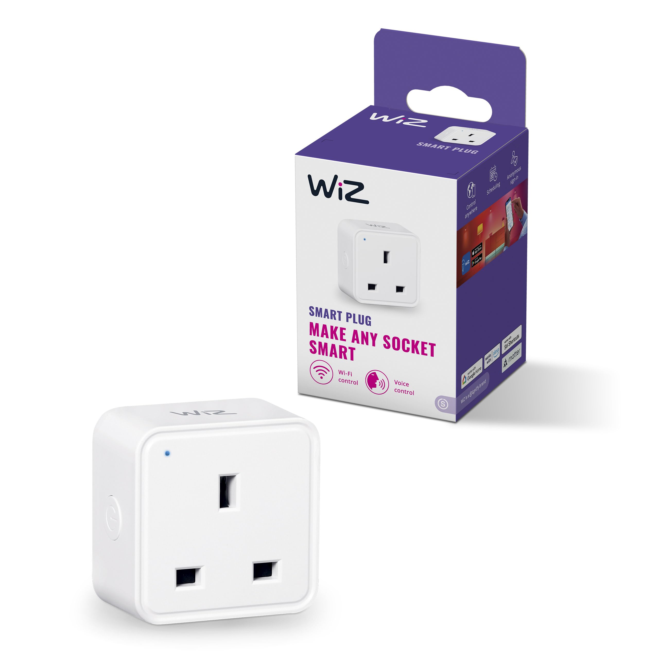 WiZ Wi-Fi Smart Plug, Type G, 230V, 50Hz, Easy Setup, Matter Certified, Smart Controls, Voice Commands, Works with Alexa, Google Home, and Apple Home, 1 Pack