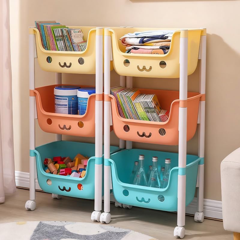 Organizador Infantil Multiuso 3 Níveis Colorido com Rodinhas para Brinquedos Livros Roupas, Estante Organizadora de Plástico Resistente para Quarto de Bebê e Criança