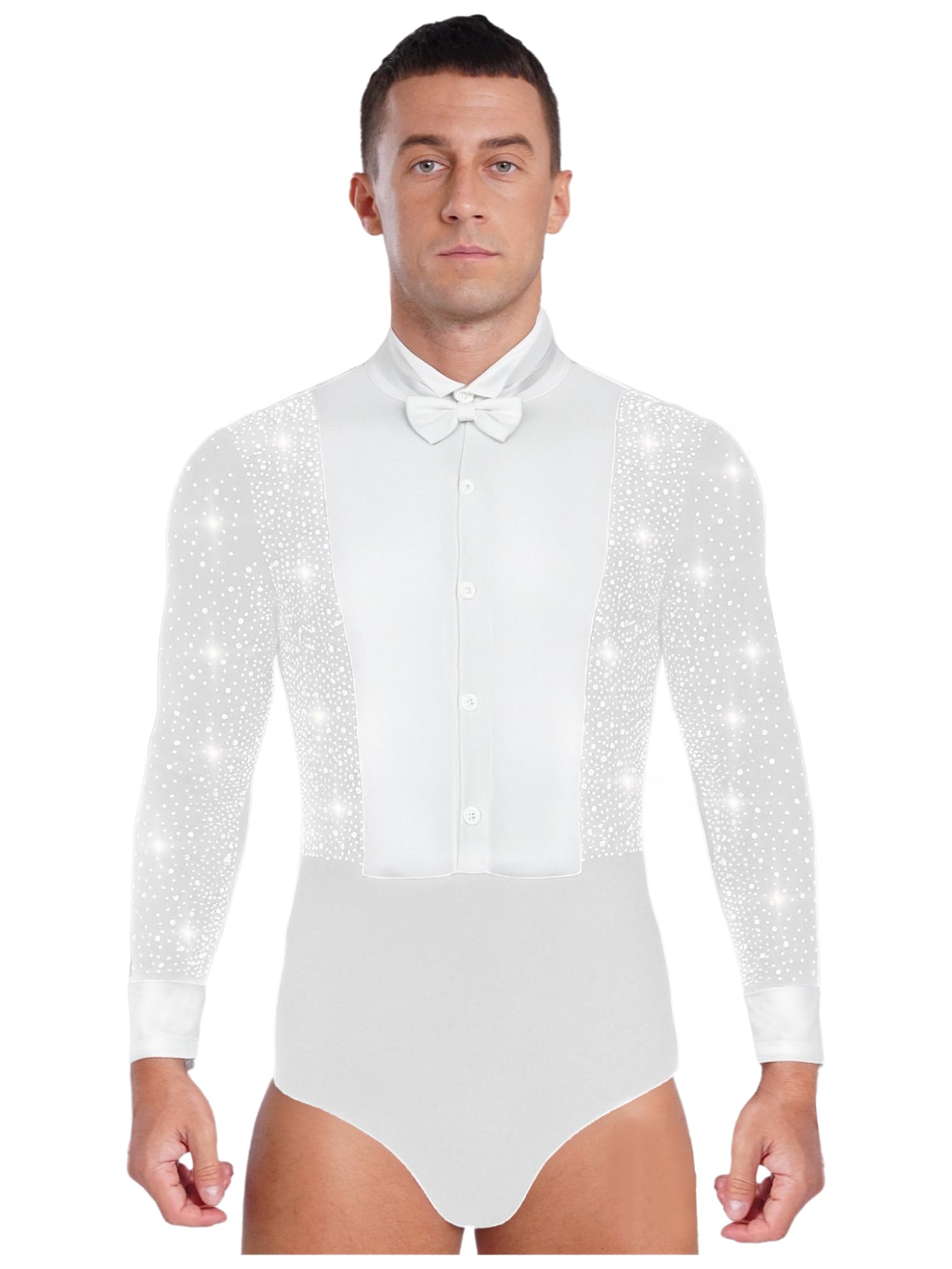 YiZYiF Men's Rhinestones Latin Dance Shirt Ballroom Leotard Long Sleeve Figure Skating Performance Dancewear