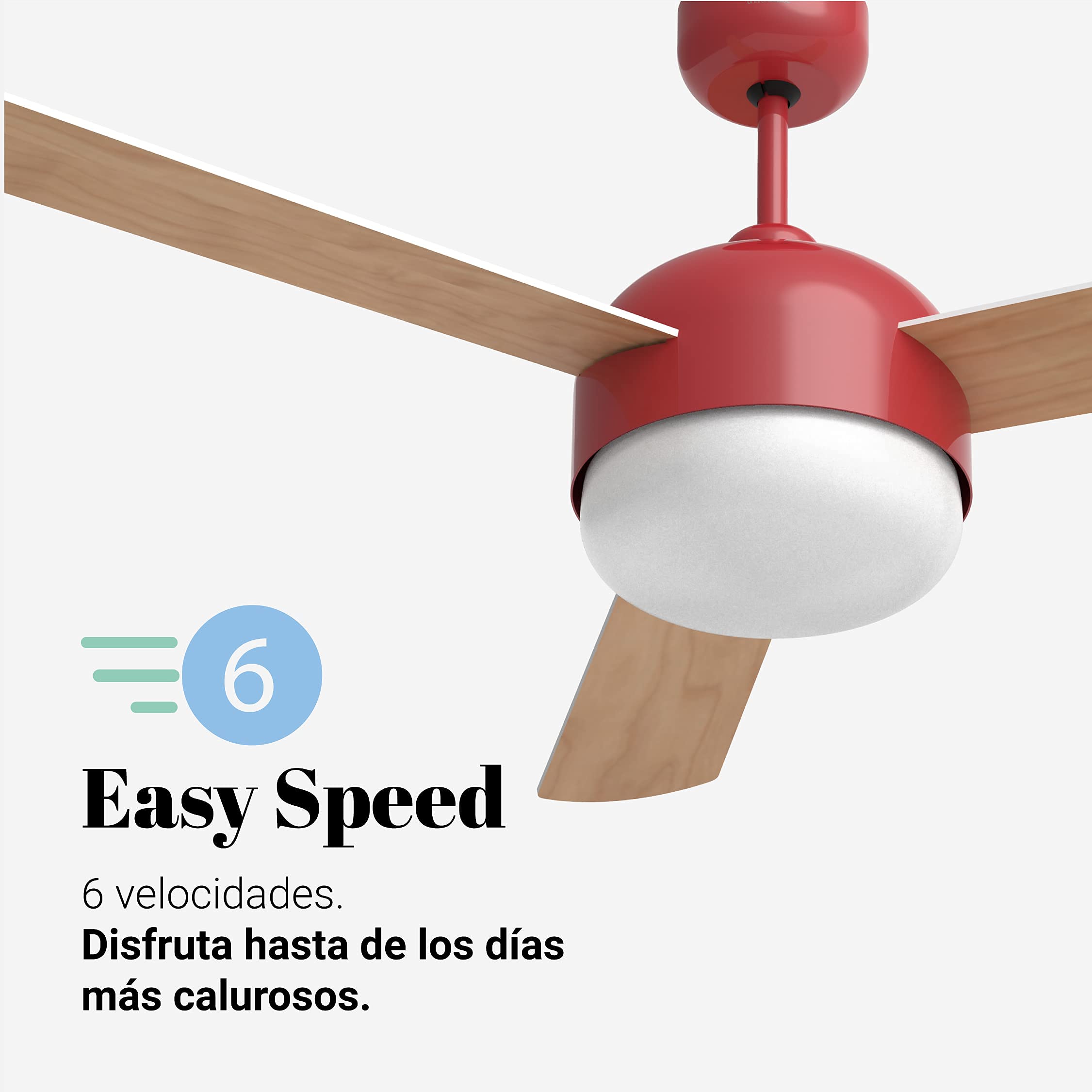 UNIVERSALBLUE Ventilador de techo con luz LED y WiFi | Rojo | Silencioso con Motor DC | Control por App, Alexa, Google Assistant y mando a distancia | 6 Velocidades | Aspas Reversibles