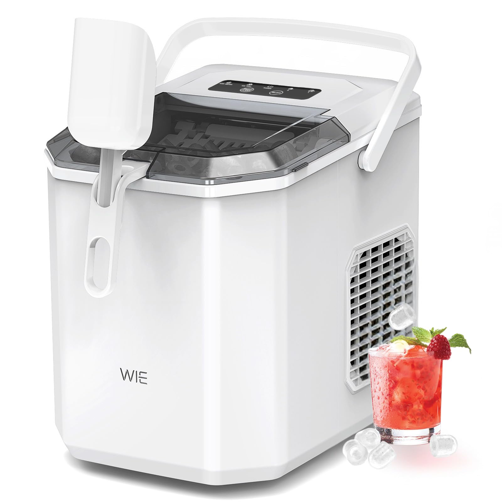 WIE Ice Maker Countertop, Self-Cleaning Ice Maker Machine,12KG in 24H, 9 Cubes in 6 Mins, Portable Ice Machine with Handle, Ice Cube Maker with Ice Scoop&Basket for Home/Kitchen/Office/RV, White