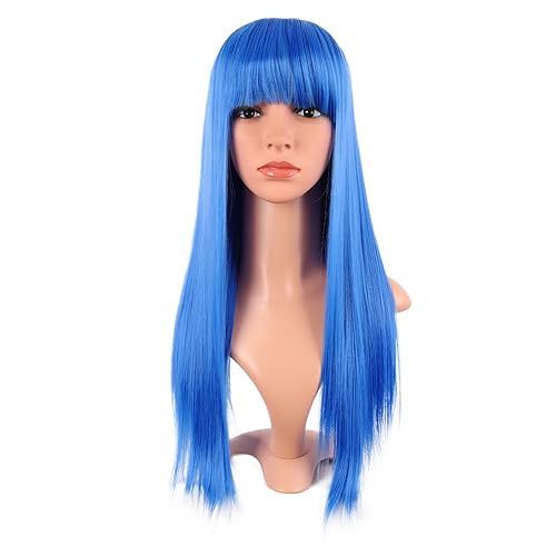 MapofBeauty 24 Inch/60 cm Long Straight Synthetic Hair Heat Resistant Party Cosplay Wig (Bright Blue) - Bright Blue