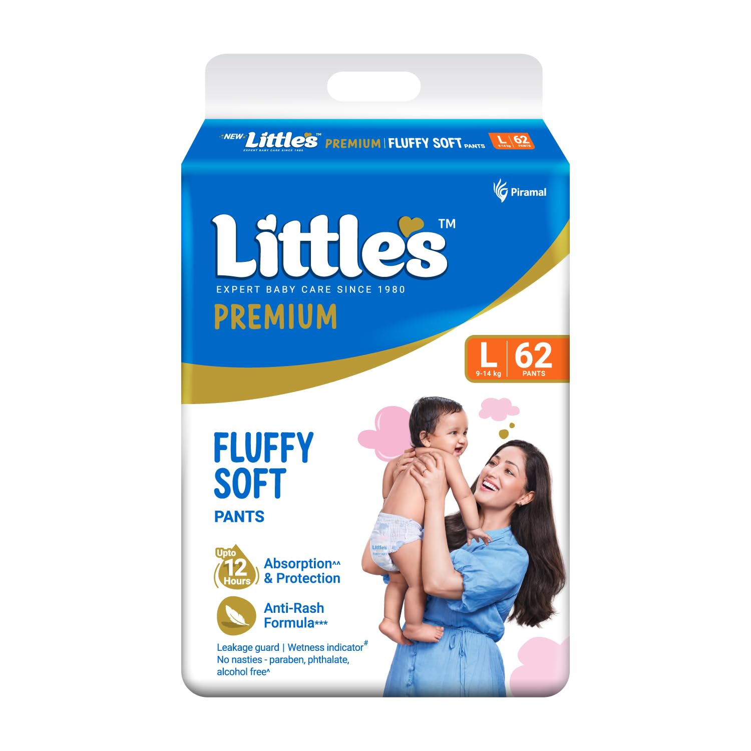 Little's Comfy Baby Pants - Premium, 12 Hours Absorption, Wetness Indicator, Cotton Soft, Large, 62 Count