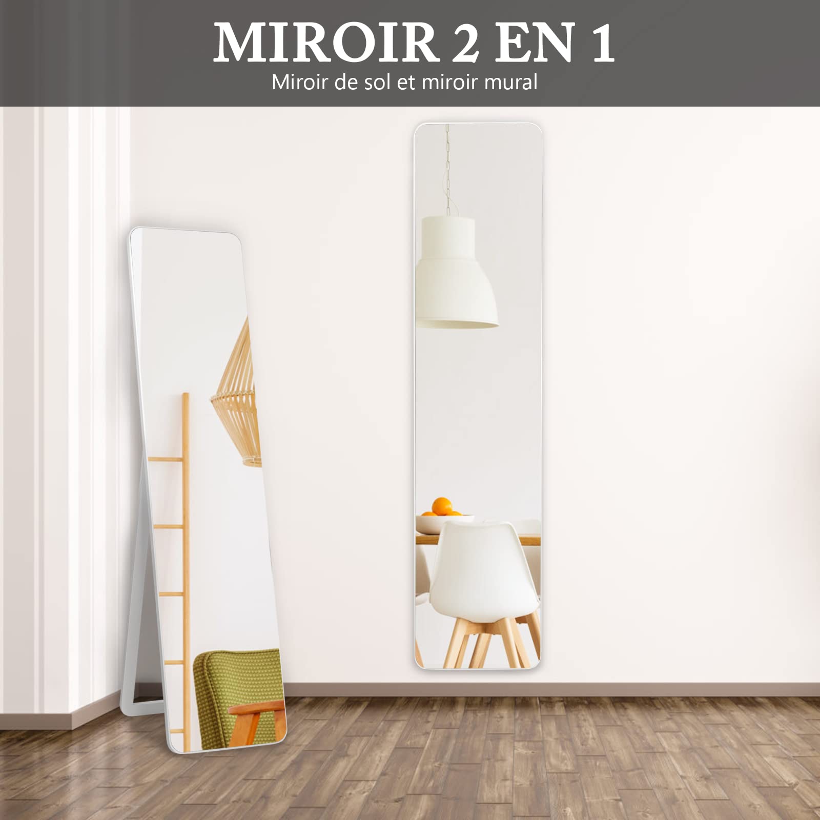 DREAMADE Miroir Pleine Longueur Rectangulaire sans Cadre, Psyché Miroir sur Pied et Mural Moderne et Elégante, Soutien en Bois Massif, Magnifique pour Chambre, Salon, Dressing, 160X37CM, Blanc