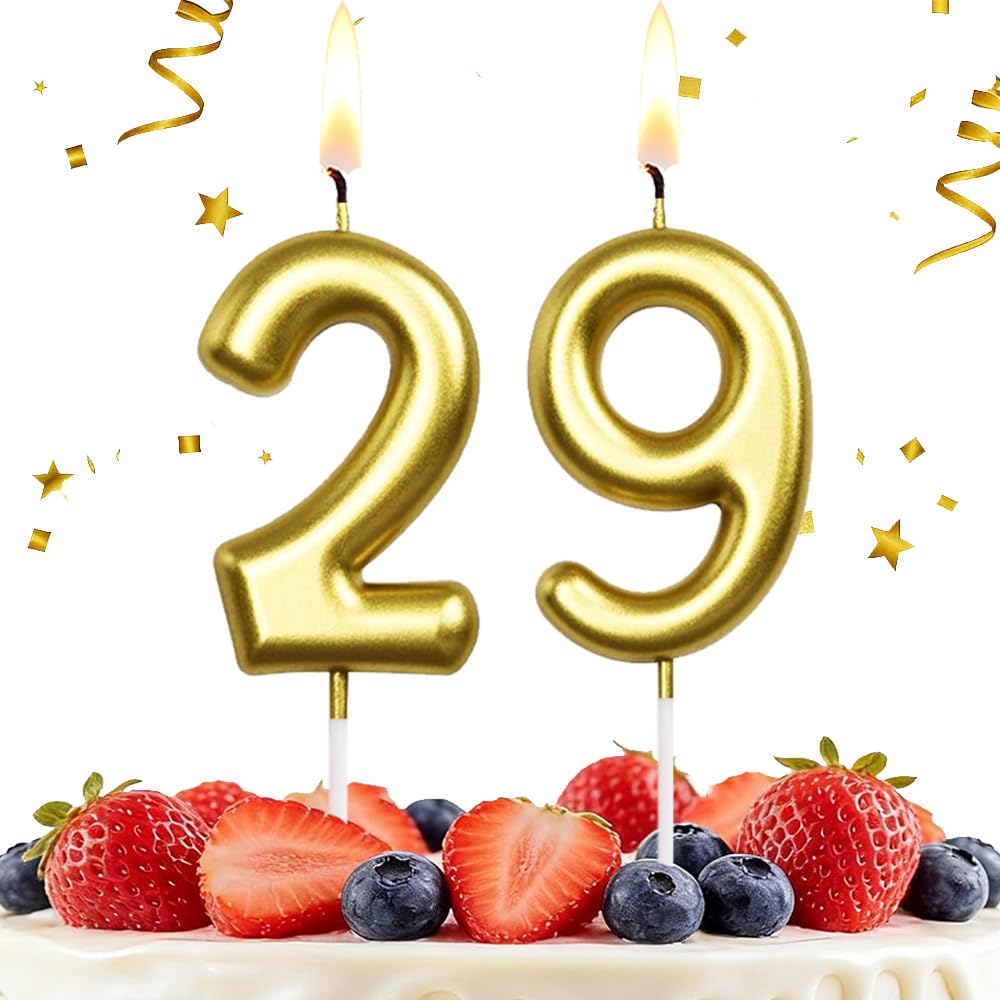 HLWGFJDY 29th Birthday Candles Gold Number 29 Cake Topper Happy Birthday Cake Decorations for 29th Birthday Party, Gold Candles for Birthday Anniversary Celebration Party Supplies（Large Size）