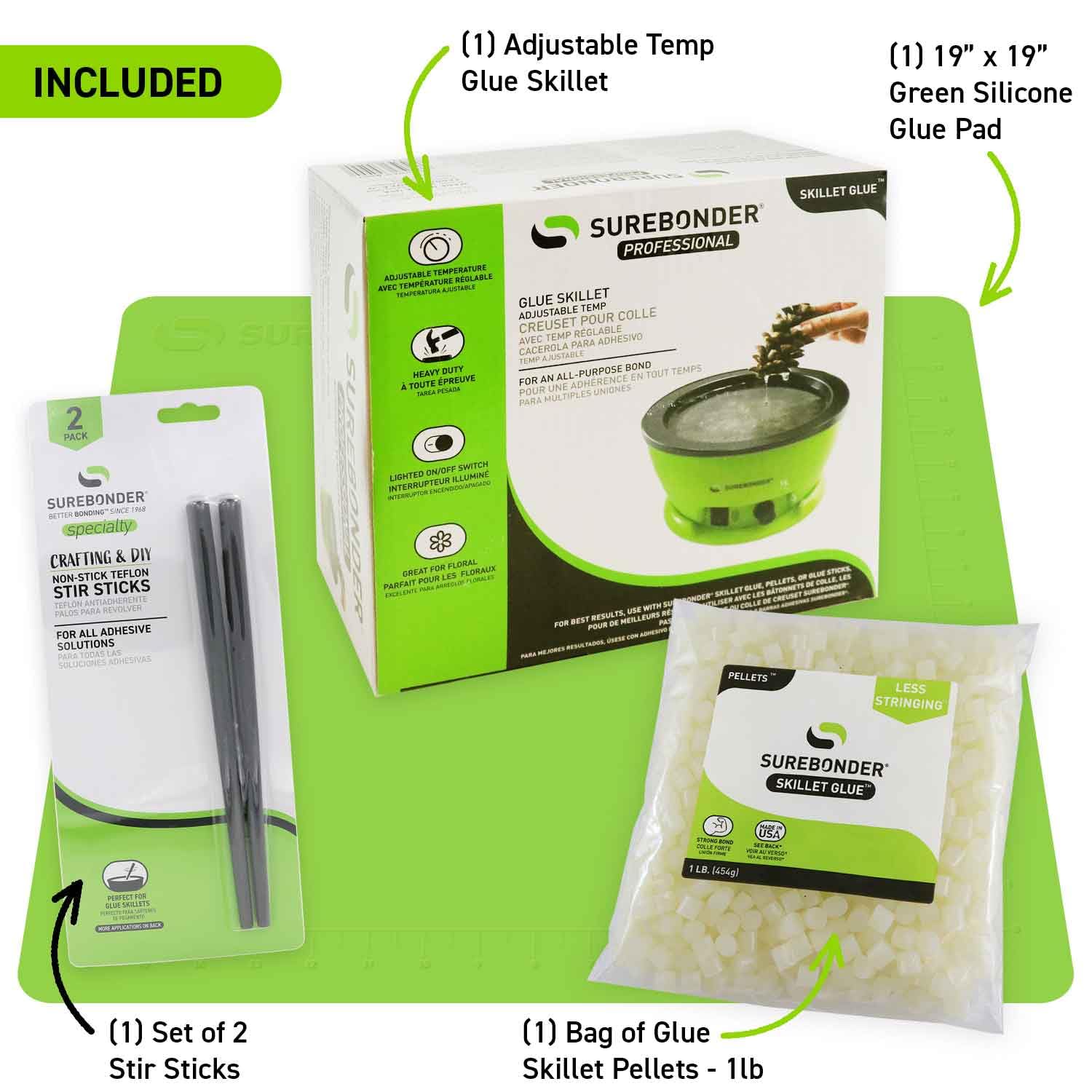 Surebonder Set di padelle per colla a caldo con vasetto di colla verde, 0,5 kg di pellet di colla a caldo, 2 bastoncini antiaderenti e un tappetino protettivo in silicone antiaderente da 48,3 x 48,3