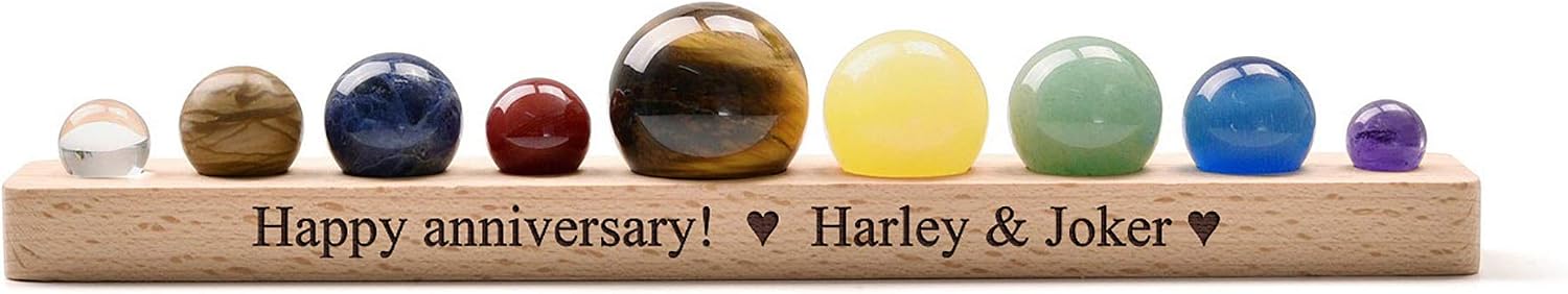 Jovivi Personalized Custom Solar System 9 Planets Crystal Sphere Ball Collective Figurines Handmade Natural Gemstone on Wooden Stand Display Home Desk Decorations