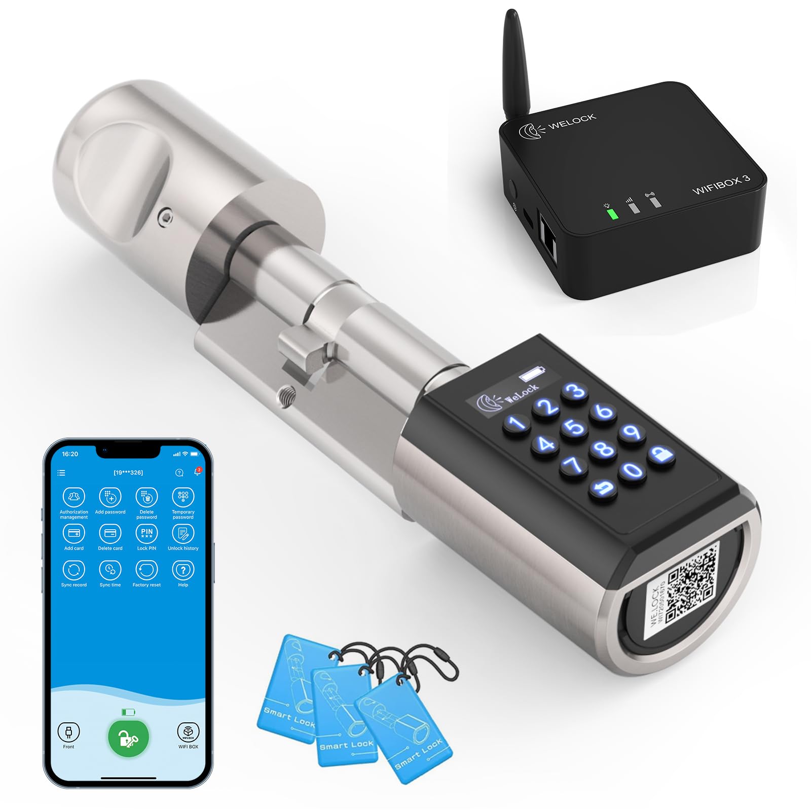 WELOCK PCB41 Elektronisches Türschloss mit WIFIBOX3 | Türschloss Haustür für Smart Home, Elektrisches Türschloss mit Code, RFID-Karte und APP, für 50-100mm Tür