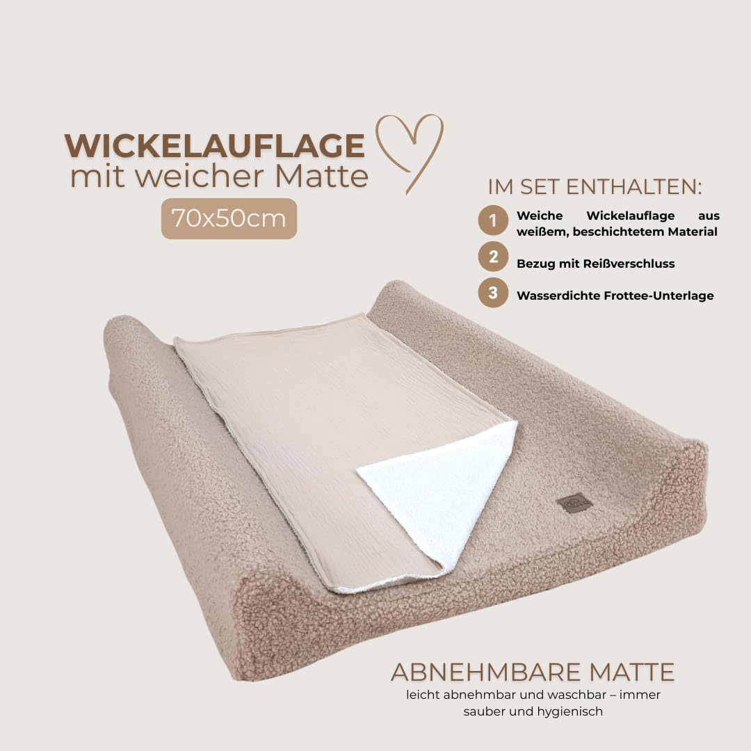 Wiklinopol Wickelauflage 50x70 cm Baby – 3in1 Set mit abnehmbarem Teddy-Plüsch-Bezug (beige) Wickelunterlage abwaschbar mit Umrandung + wasserdichte Frottee-Wickeltischauflage für unterwegs