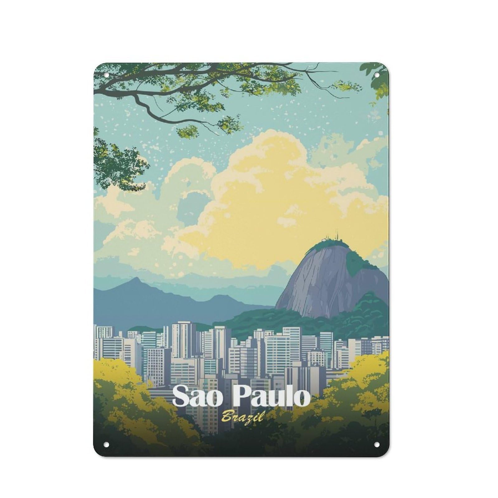 Junmoney Style-3 Weathered Look Sao Paulo, Brazil Cityscape Illustration Metal Wall Sign 40X30cm, Shed Wall Plaque For Tool Room, Garage, Studio Or Home Bar