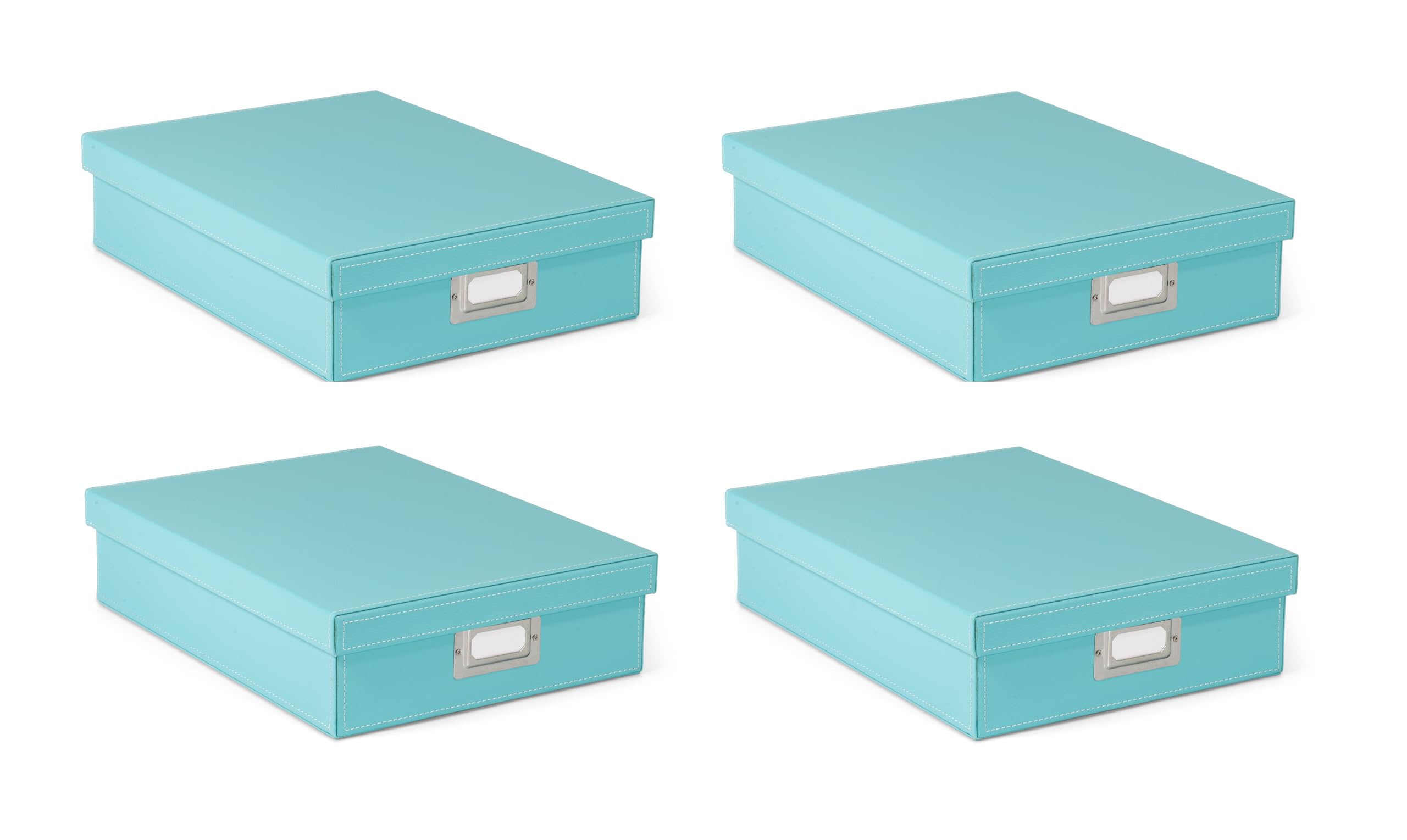 OSCO Faux Leather A4 Document Storage Box with Lid, 4 Pack, Stackable Desk Paperwork Organiser for Files and Envelopes, Durable Filing Solution for Home or Office, 8.5×25×33.5 cm, Turquoise