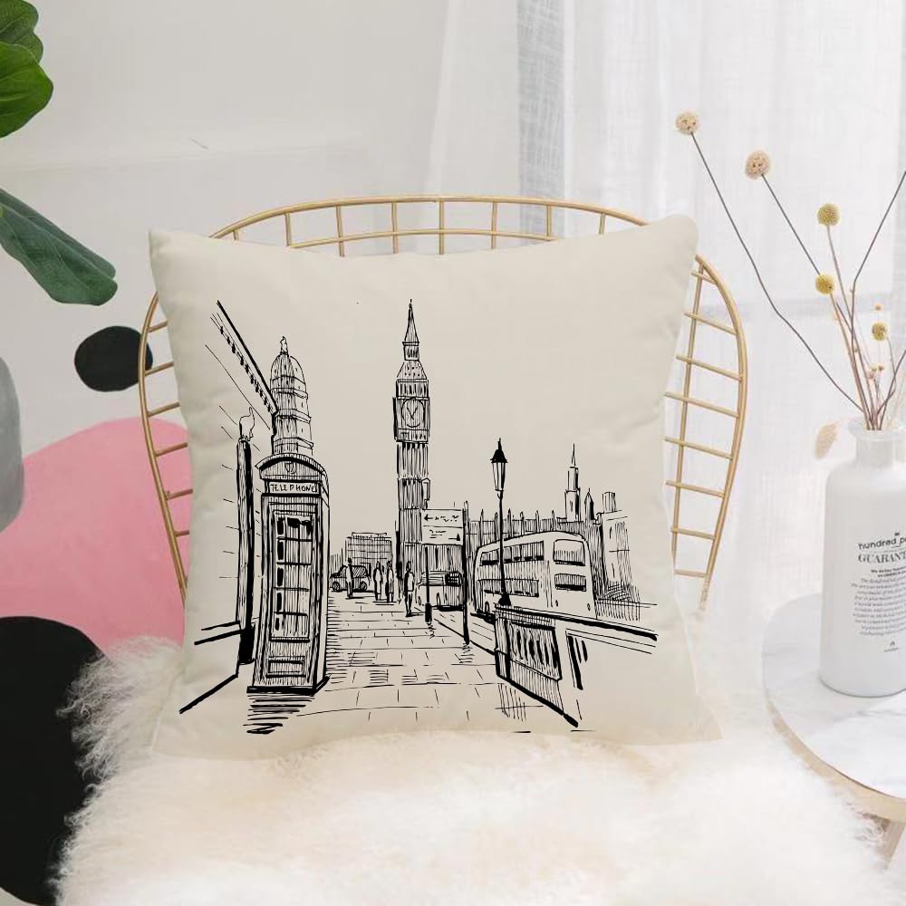 HYOSXW Cushion Cover,Throw Pillow Case Home Decorative for Living Room Bedroom Sofa Chair 16X16 Inch,Modern,London City with Big Ben Monument Scene in Sketch Style British Famous T,Pillowcase 40X40cm