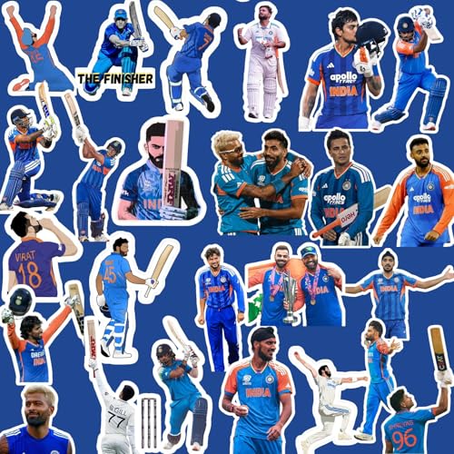 Image of Cricket Stickers - Pack of 25 Indian Cricket Team Stickers for Laptop, Phone, Journal, etc | India Team Vinyl Sticker | Self Adhesive Glossy Waterproof Decals