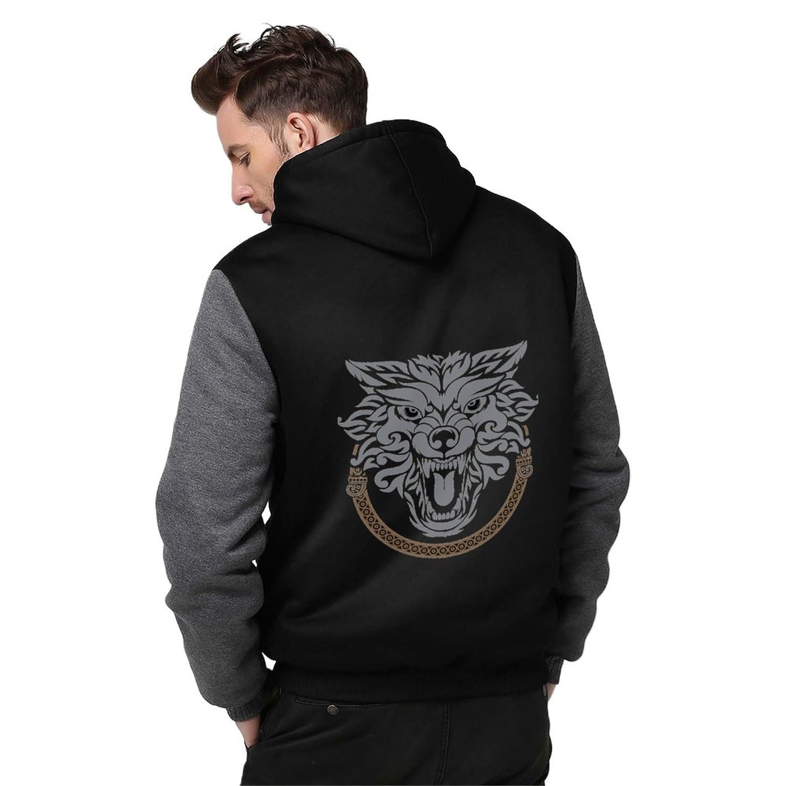 Sweatshirt en laine polaire zippé à capuche imprimé loup viking gris grande taille 4XL