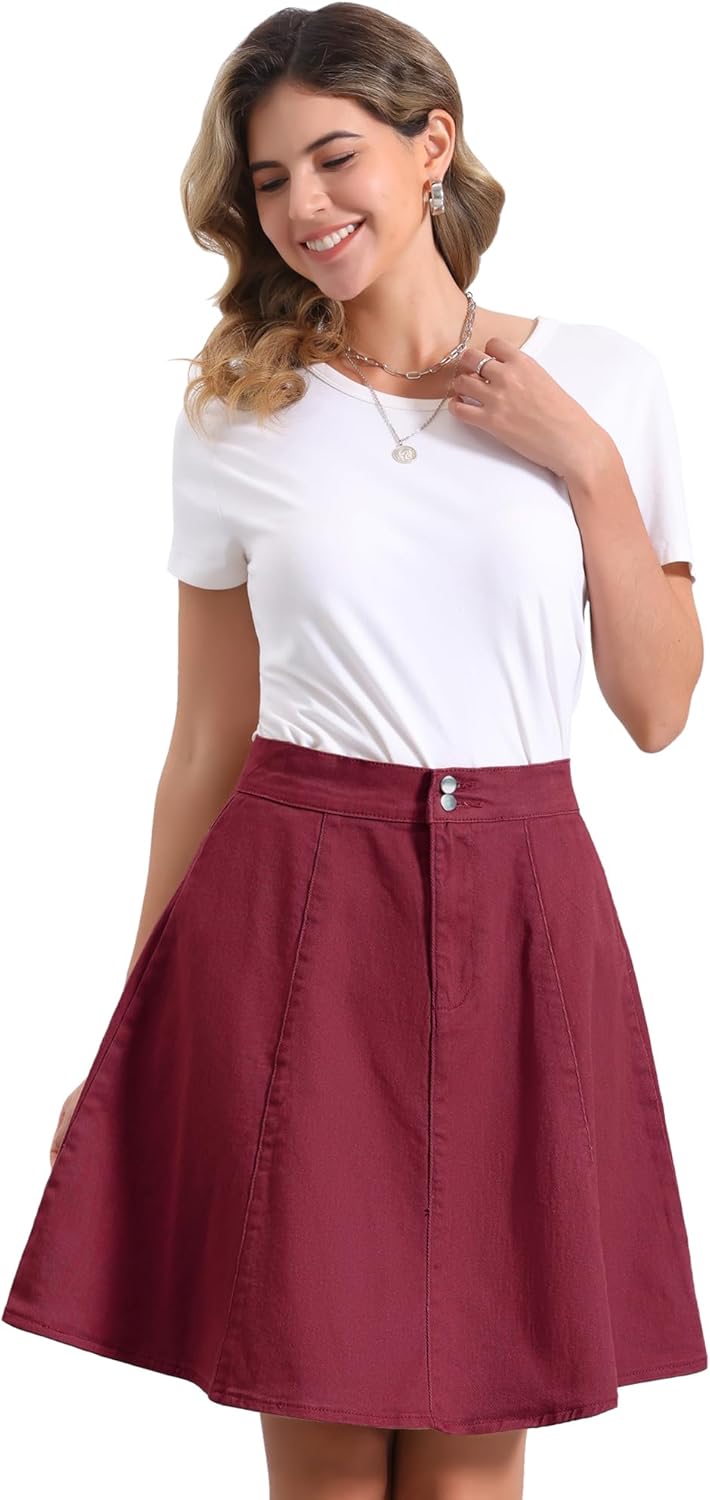 Allegra K Women's Denim Skirt High Waist Stretch Knee Length Flared Casual Jean Skirts