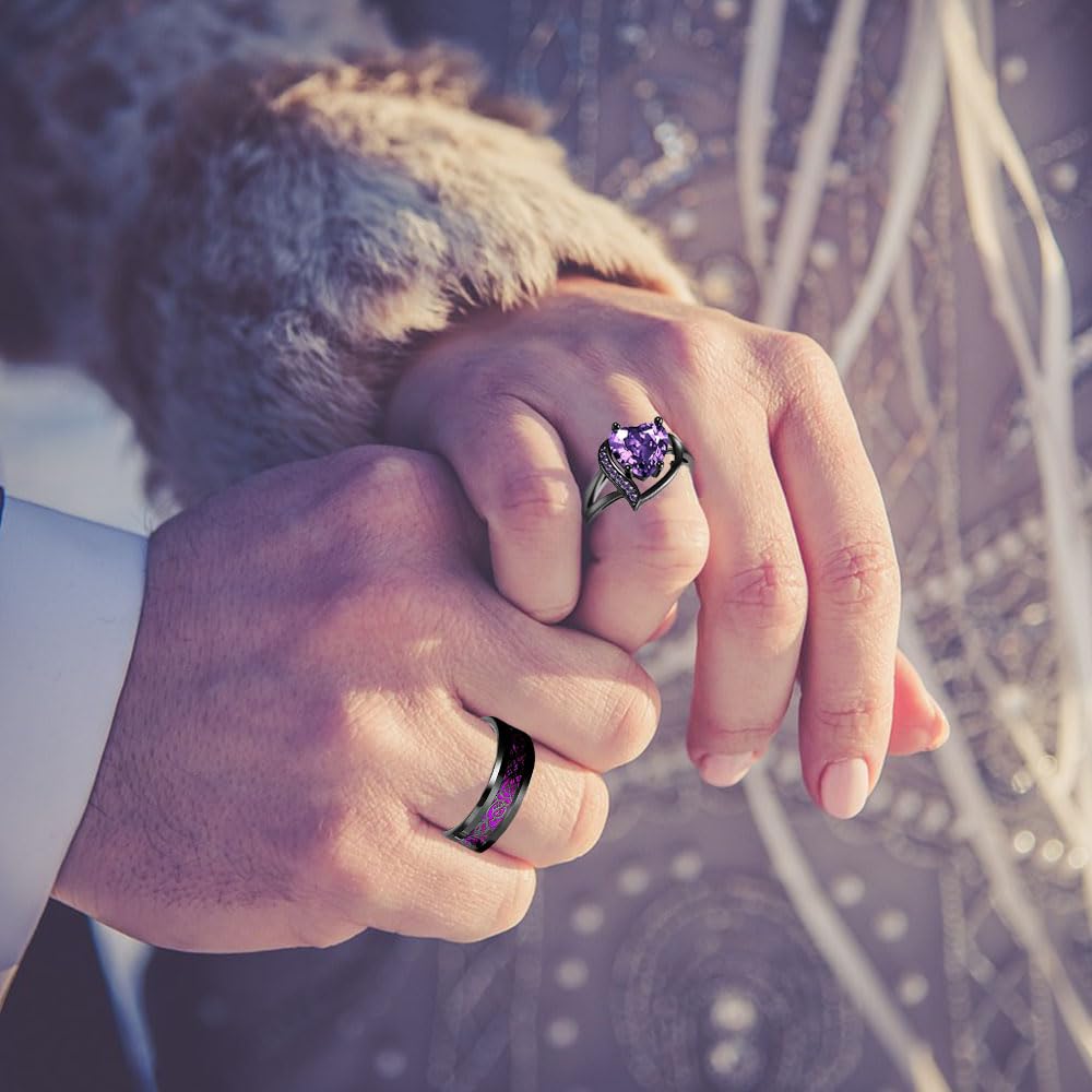 Juego de anillos de compromiso para parejas grabados personalizados, anillos de compromiso con corazón de circonita cúbica, dragón celta para anillos de boda a juego