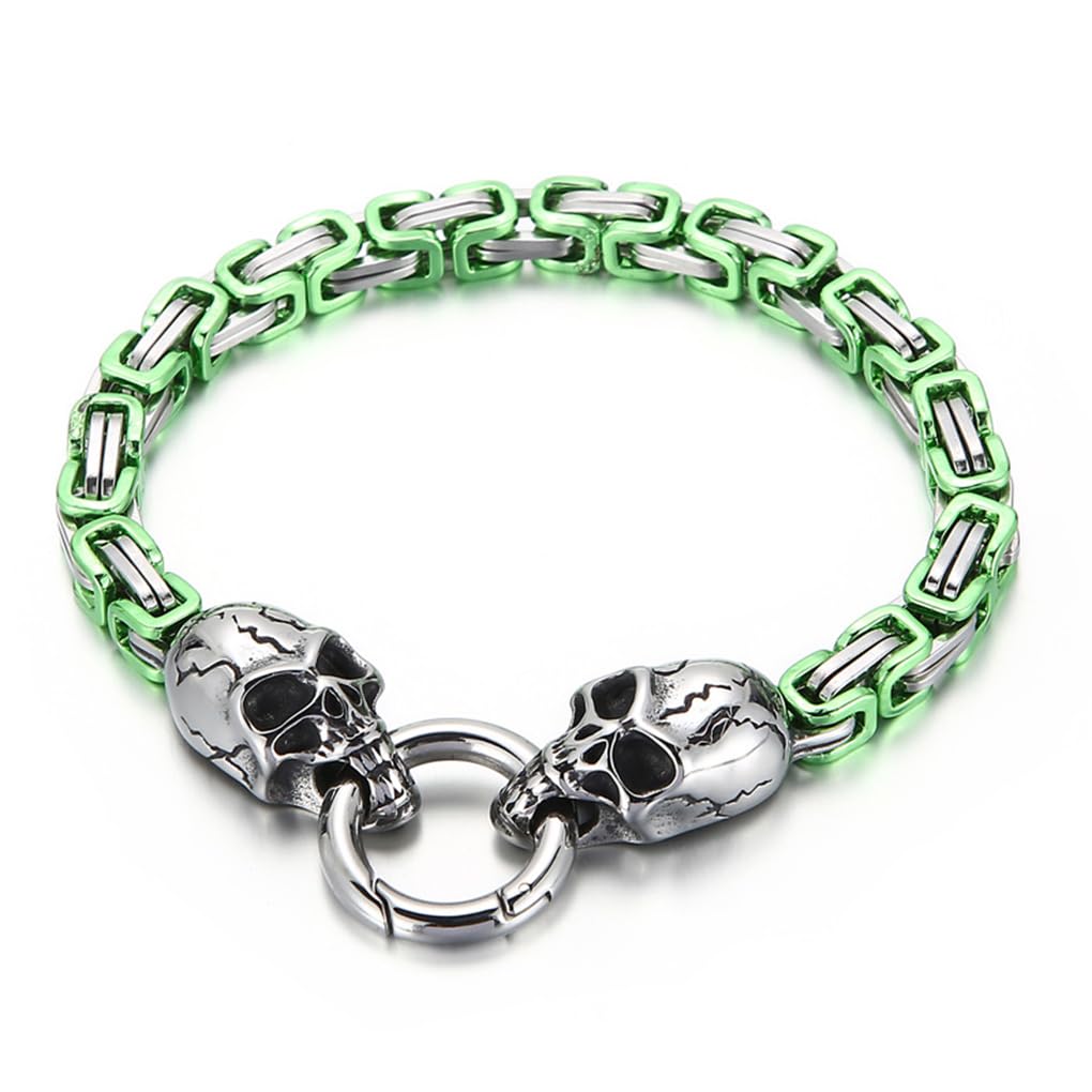 Hinghok Multicolor 6mm Motorcycle Bicycle Chain Skull Punk Men's Bracelet Colorful Jewelry grenn 22cm