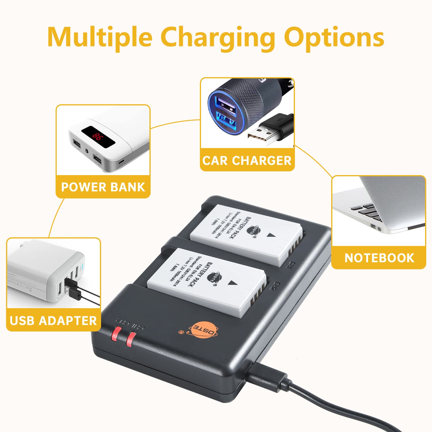 DSTE EN-EL24 Akku Set - 2 Akkus + Ladegerät - Für Nikon 1 J5, DL18-50, DL24-85 Kameras