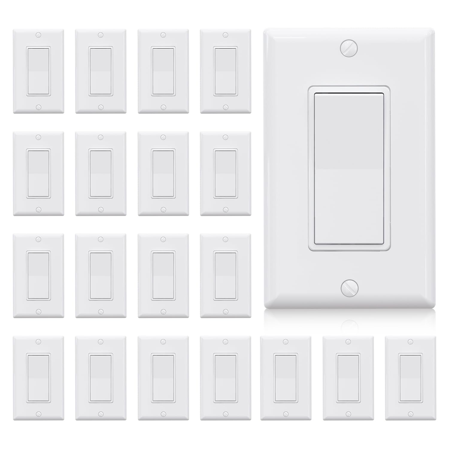ELEGRP Single Pole Decors Light Switch with Plate 15Amp, 120-277V, Paddle Rocker Switch Replacement, On/Off Wall Switch, Self-Grounding, Residential