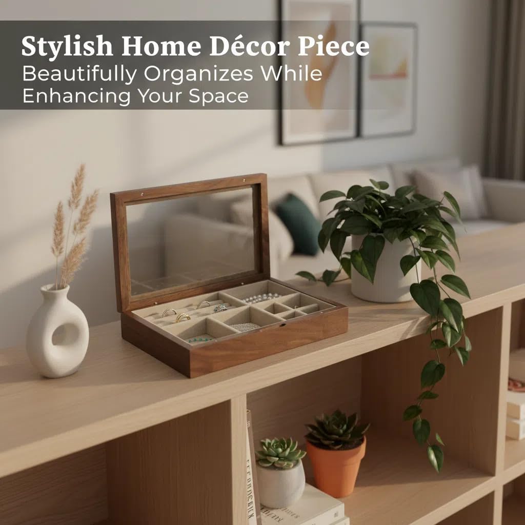 pandapark Wooden Jewelry Box with Glass Lid, Multi-Compartment Storage Display Case, Walnut Brown (Silver Walnut) - Image 8