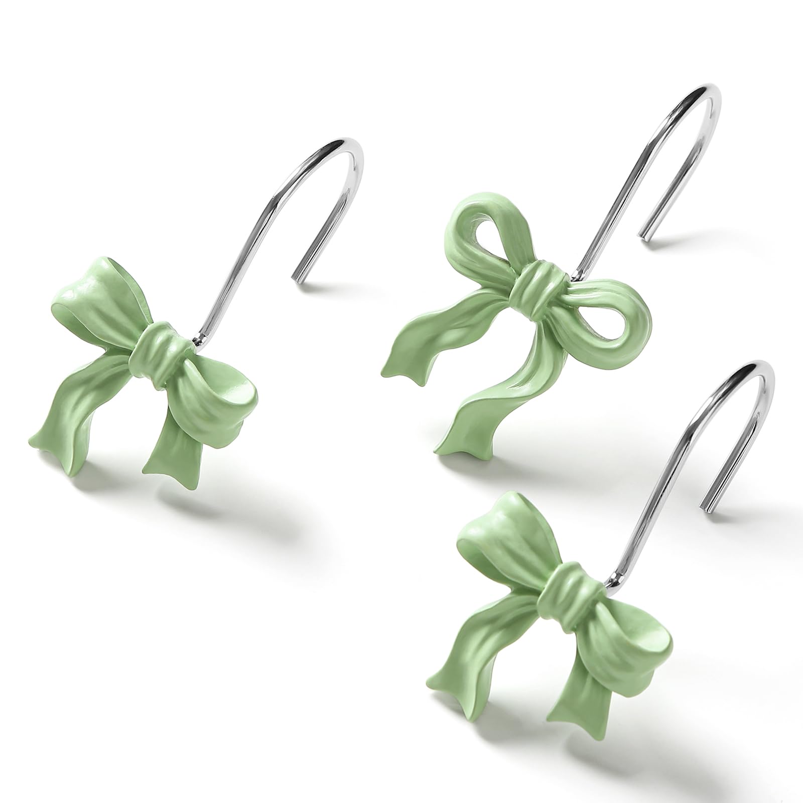 Litabel 12PCS Cute Bow Shower Curtain Hooks, Sage Bowknot Decorative Shower Curtain Rings, Metal Rustproof Resin Curtain Hooks Shower Rings for Girls