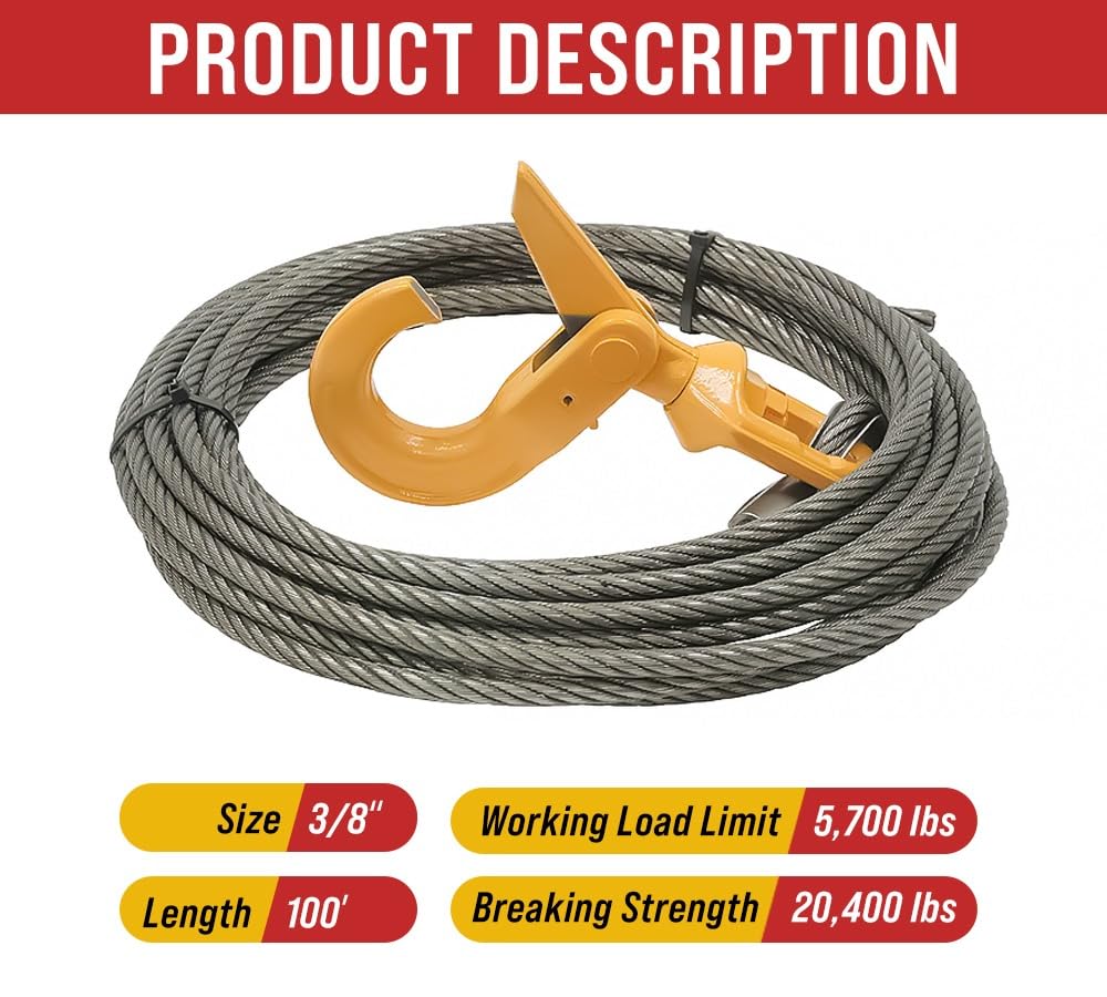 Mytee Products Câble de treuil embouti de 0,95 cm x 30,5 m avec crochet pivotant autobloquant – Corde de treuil à noyau en acier robuste de 9,3 kg pour dépanneuse, remorquage, enroulement arrière,