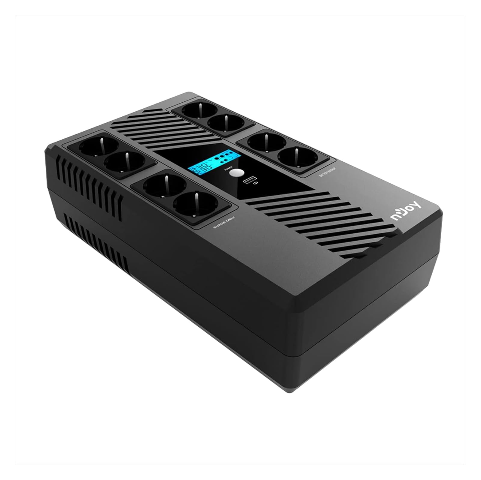 NJOY Token 800 UPS Gruppo di Continuità 800VA 480W | 8 Prese Schuko | Tecnologia Line Interactive AVR | Caricatore USB 2.1A | Display LCD | Software PC Incluso | Protezione Blackout per PC Router NAS