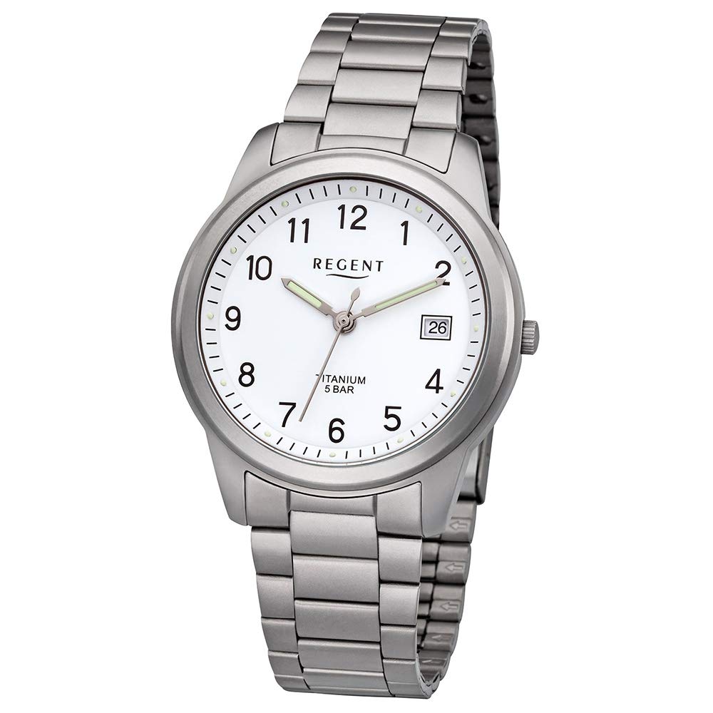 REGENT Herrenuhr mit Titan Glieder Armband und Titan Gehäuse 36 MM Durchmesser Quarz Arabische Zahlen Datum