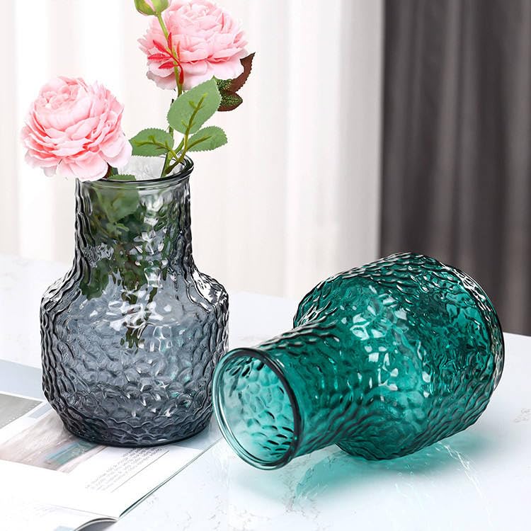 Image of Incrizma Dark Green Glass Vase for Bouquet of Flowers, Ribbed Fluted Vase for Centerpieces, Mushroom, Living Room, Dinning Table, Entryway, Mantle, Shelf, Pampas Grass Vase (20 cm, Green)