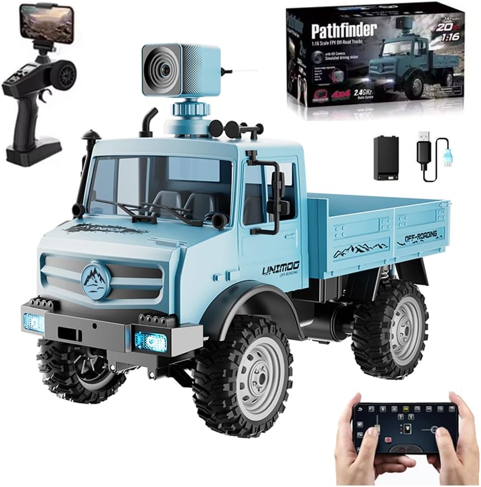 RC Military Truck, 1:16 Scale Remote Control Car with Camera, All Terrain Rock Crawler Off-Road Truck, 2.4GHz Army Transport Vehicle with Rechargeable Battery for Adults, Blue