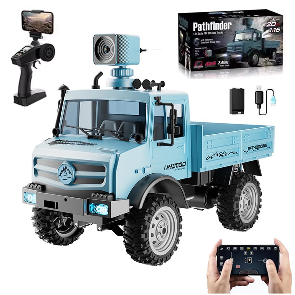 DodooreRC Military Truck, 1:16 Scale Remote Control Car with Camera, All Terrain Rock Crawler Off-Road Truck, 2.4GHz Army Transport Vehicle with Rechargeable Battery for Kids & Adults, Blue