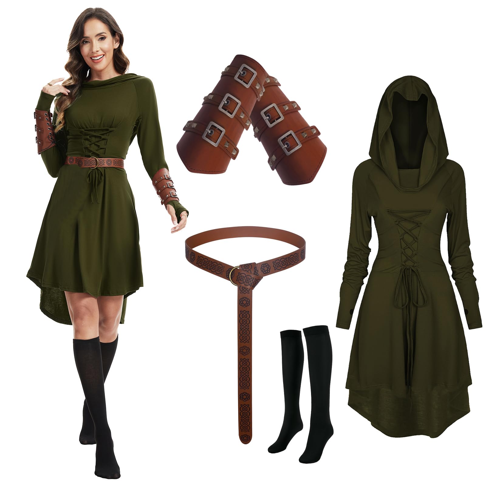 AJGEGJE Middeleeuws kleding-kostuum voor dames, renaissance, capuchonjurk set met armbeschermers, riem, kousen, Halloween, gothic capuchonjurk (groen, M AJGEGJE Middeleeuws kleding-kostuum voor dames, renaissance, capuchonjurk set met armbeschermers, riem, kousen, Halloween, gothic capuchonjurk (groen, M