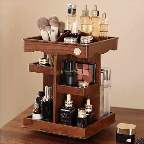 Organizador de maquillaje giratorio de 360, almacenamiento de tocador de madera ajustable para cuidado de la piel, perfumes y cosméticos para