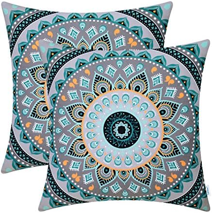 CaliTime Pack of 2 Soft Canvas Throw Pillow Covers Cases for Couch Sofa Home Decor Retro Mandala Pattern Compass Medallion 18 X 18 Inches