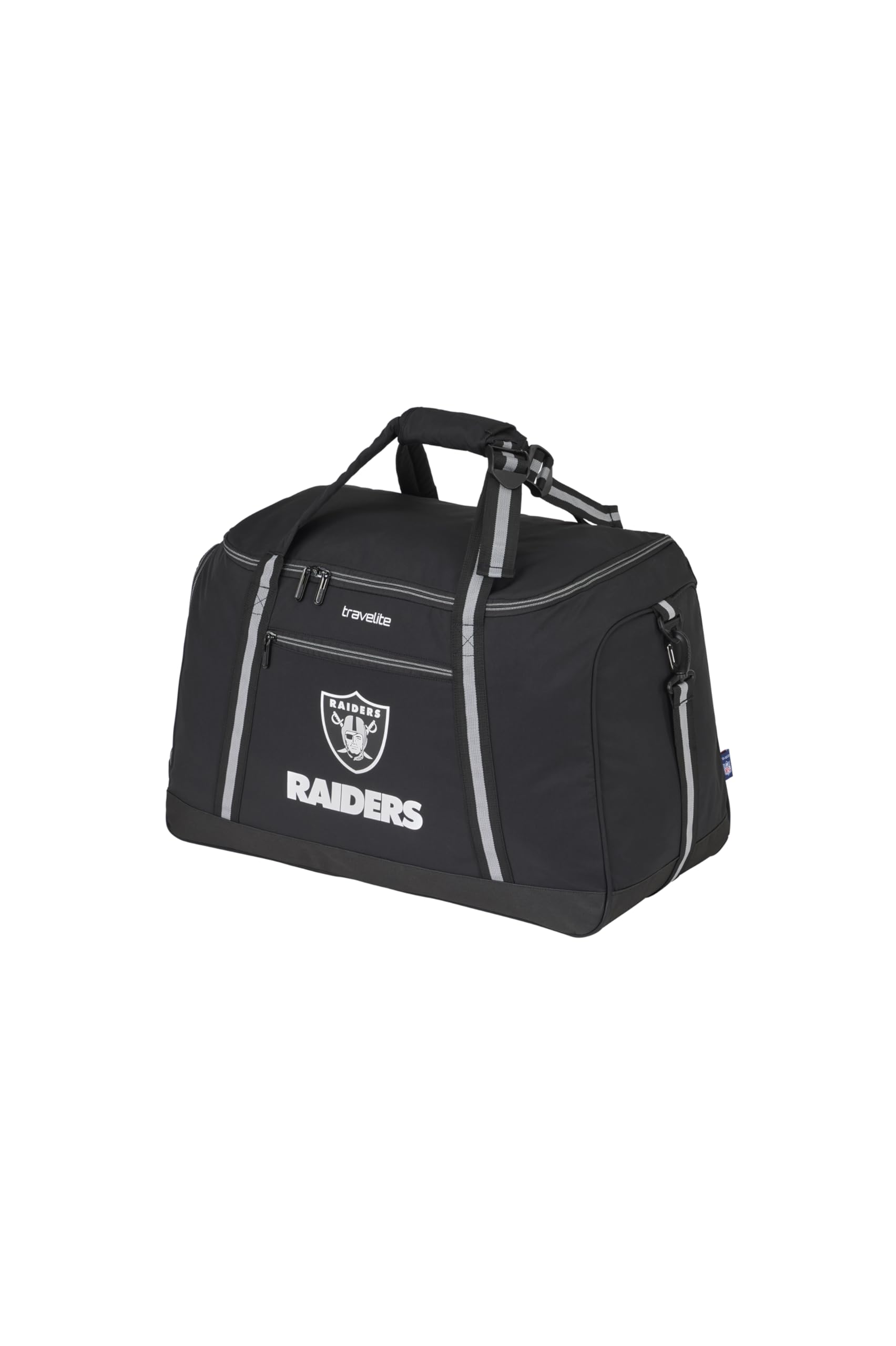 travelite NFL Las Vegas Raiders torba podróżna, rozmiar L, duża torba sportowa z kieszenią na buty, funkcją plecaka i funkcją nakładania na kółkach, 57 x 35 x 28 cm, 69 l, 0,9 kg