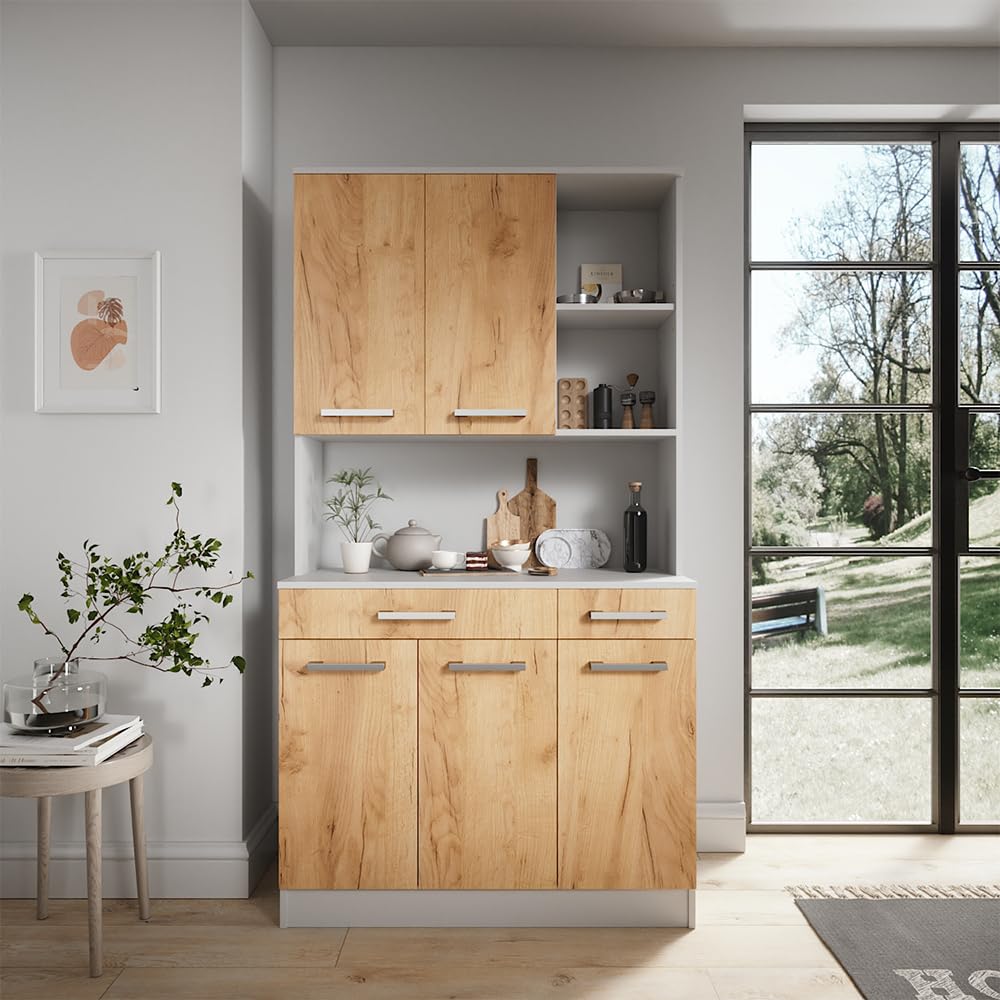 Vicco Küchenbuffet Raul, Weiß/Goldkraft Eiche, 100.1 x 188.5 cm | mit 5 Türen & 2 Schubladen, mit offener Geräteablage und erweiterbarem Stauraum