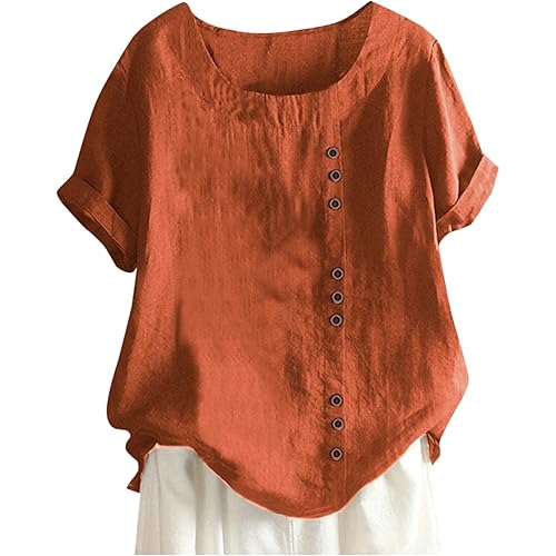 Womens Cotton Linen Tops Crew Neck Roll Up Short Sleeve Oversized Shirts Trendy Floral Dressy Blouses