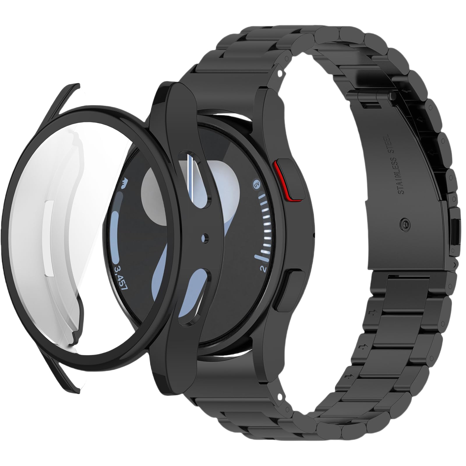 Compatible with Samsung Galaxy Watch 7 40mm/44mm Stainless Steel Watch Band with TPU Case & Protective Bumper Cover, Breathable Adjustable Design for