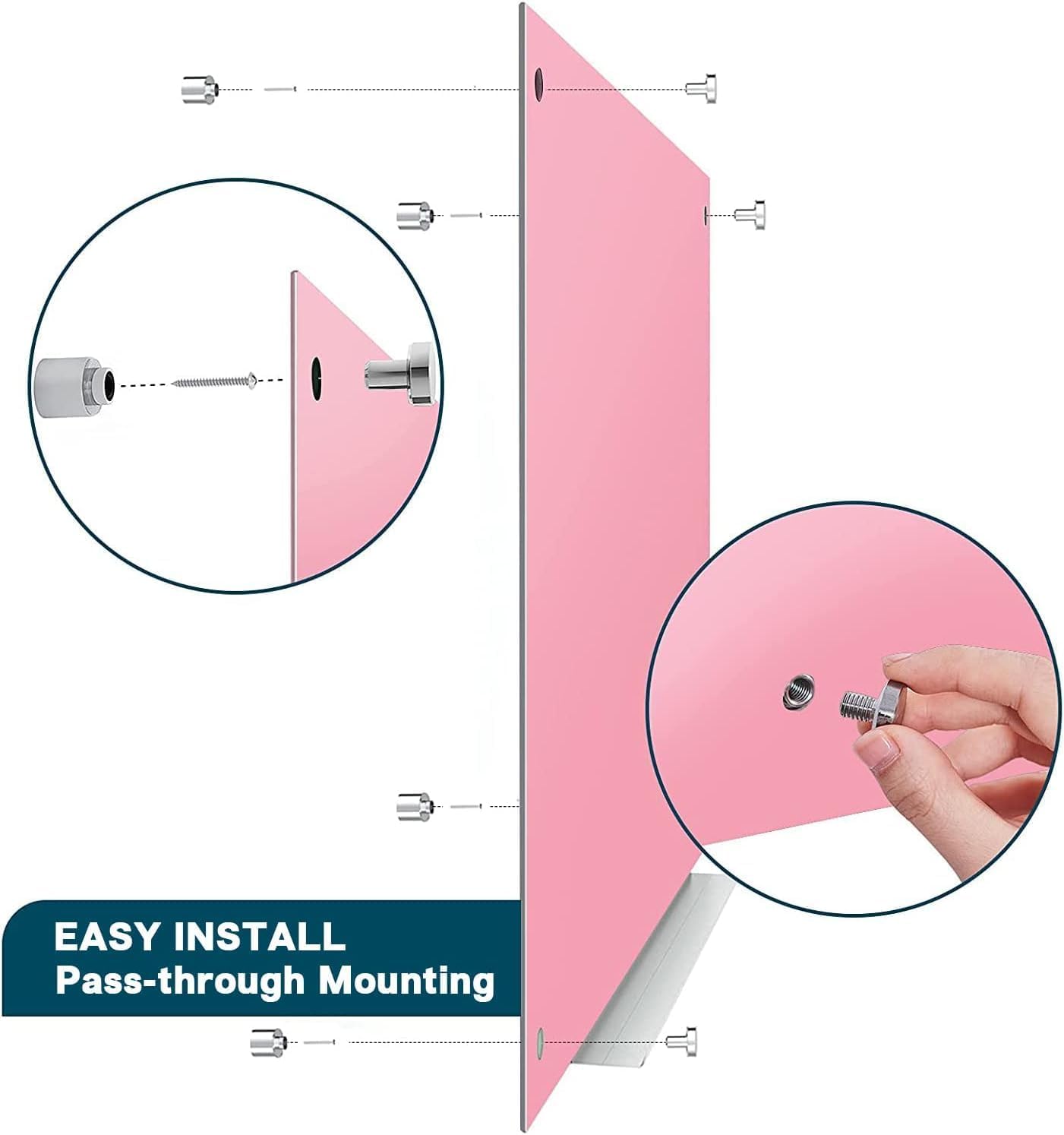 J&J worldwide Magnetic Pink Glass Whiteboard 47x35 Inch,Tempered Glass Dry Erase Board Wall Mounted Frameless Includes Markers, Eraser, Magnets, Mounting Kit for Office Home& School