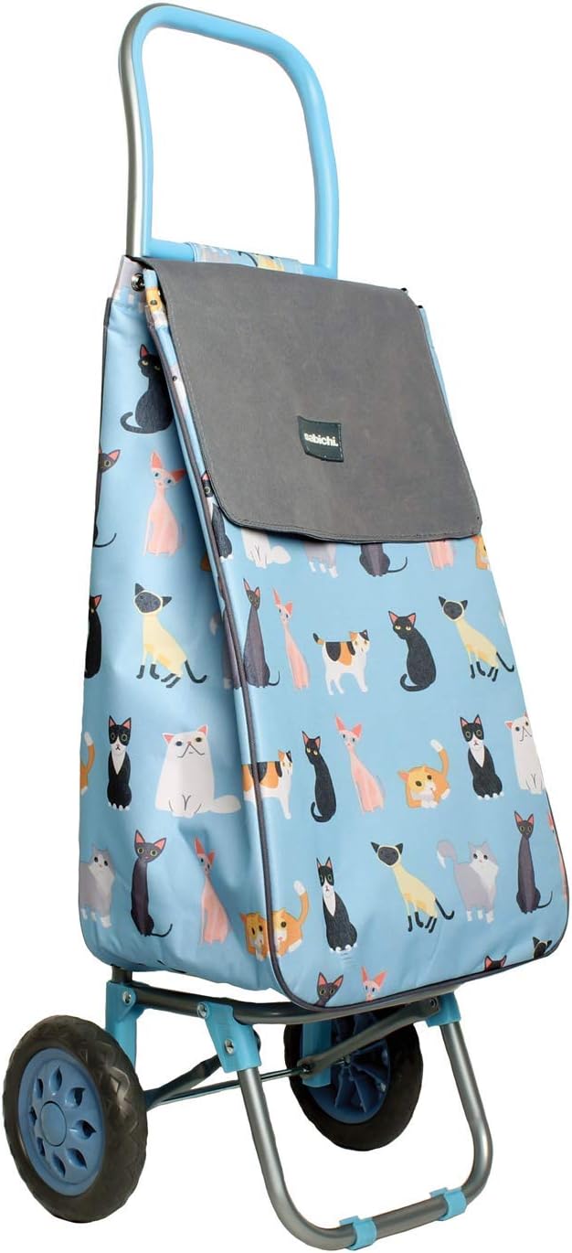 Sabichi Crazy Cats Blue 2 Wheel Shopping Trolley - Thermal Insulation Liner and Trolley Hanger - Folding Shopping Trolley - 40ltr Capacity - 94 x 33 x 22cm