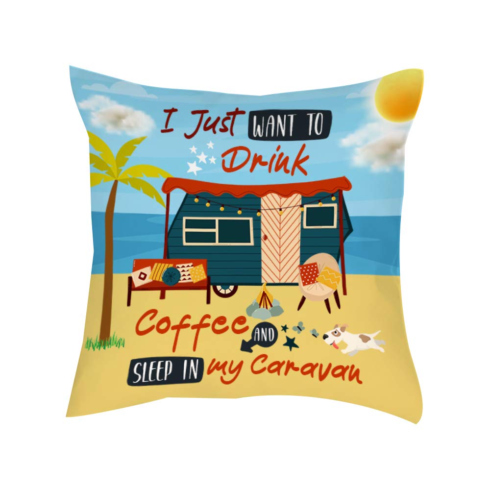 Giftme Satin Cushion Cover I Just Want To Drink Coffee And Sleep In My Caravan Secret Santa Caravan Gift Birthday Present Cushion For Bedroom/Sofa Satin Cushion, Throw Pillow Cushion. (Satin Cushion Cover)