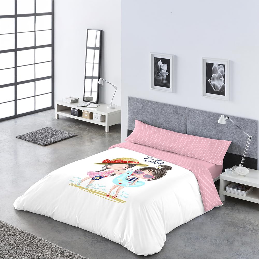 DECASATEXTIL Funda Nórdica Infantil Cama 105 -Juvenil – 3 Piezas – Funda nordica 180x255cm Bajera y Almohadón – Reversibles - Algodón/Poliéster- Suave Transpirable - Kayana Rosa Cama 105