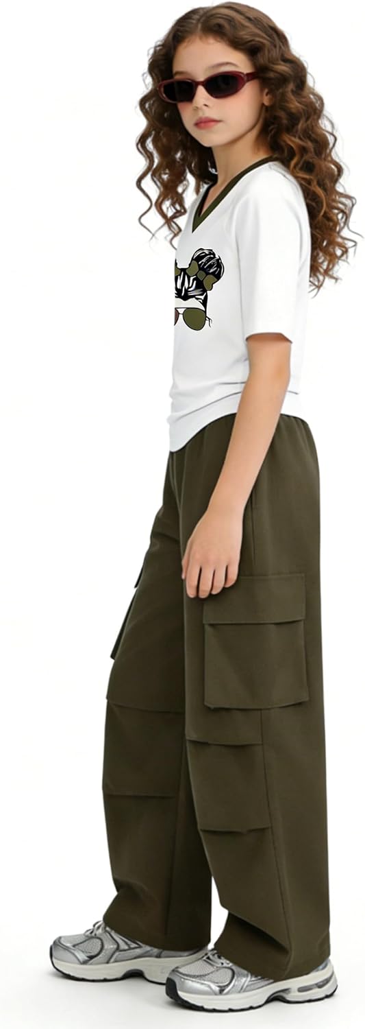 Girl's 2 Piece Outfits Short Sleeve Graphic Tee Wide Leg Cargo Pants Set, 6-14 Years image 3