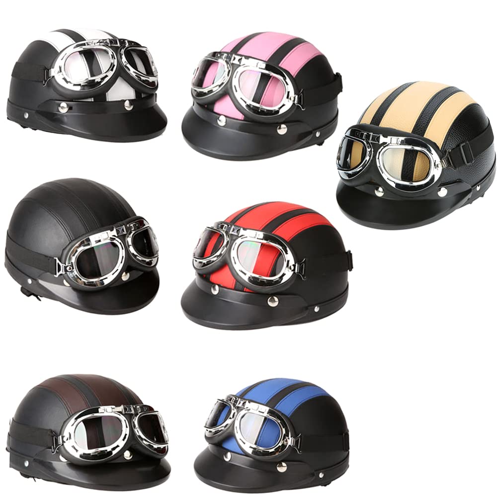 HUIOP Casques de Trottinette,Moto Scooter Open Face Demi Casque de Cuir avec visière UV Lunettes Retro Vintage Style 54-60cm