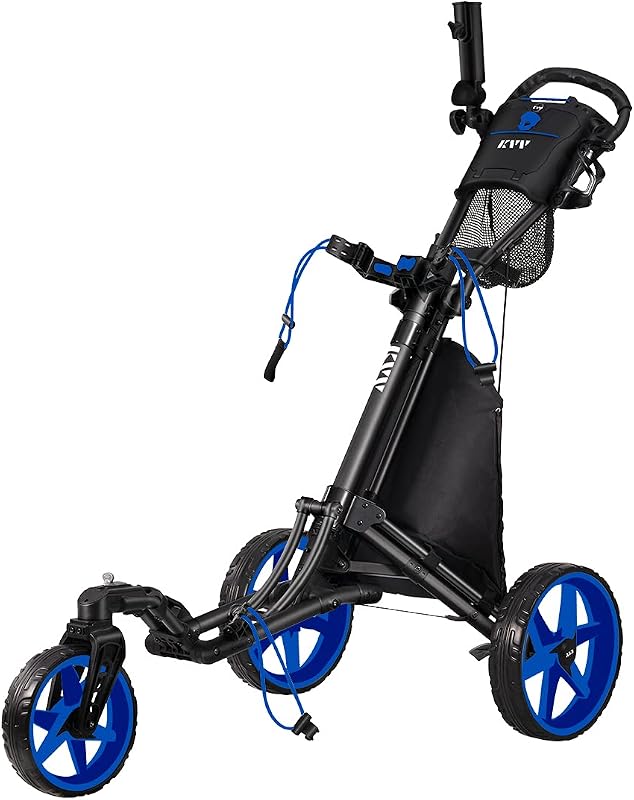 KVV 3 Wheel 360 Rotating Front Wheel Golf Push Cart Open and Close in ONE Second-Free Umbrella Holder Included